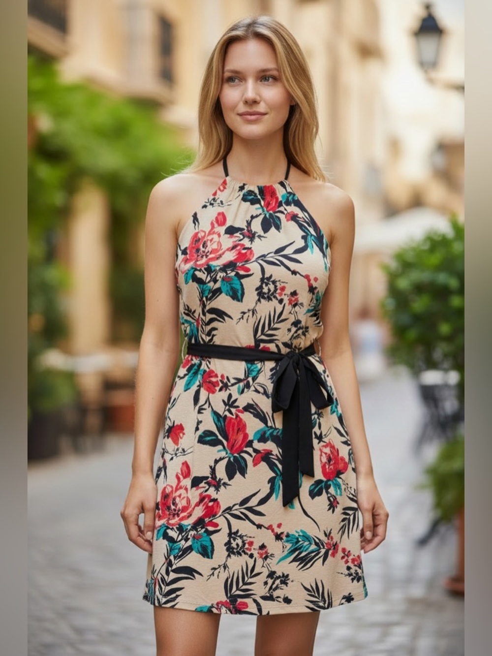 Women’s Halter Floral Mini Dress in Cream with Black Waist Tie